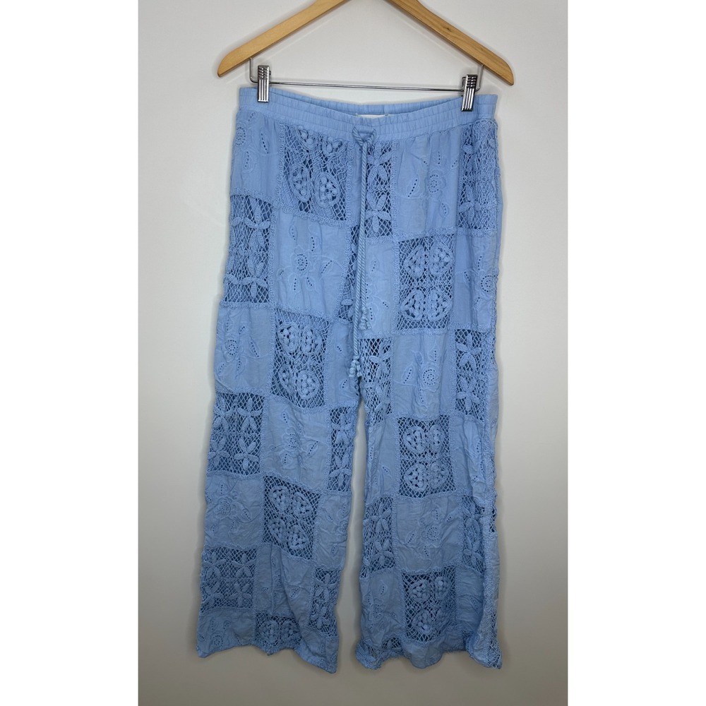 Altar'd State Hibiscus Patchwork Crochet Pants Light Blue Large Wide Leg Boho - Picture 4 of 12